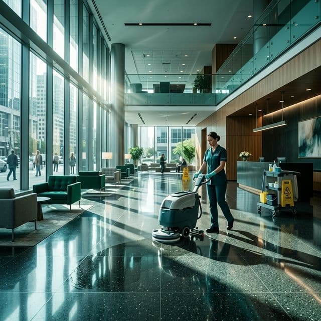 Imagen ambiental de limpieza profesional en un lobby corporativo moderno